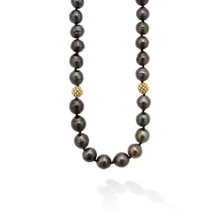 Black Pearl Gold Station Bead Necklace