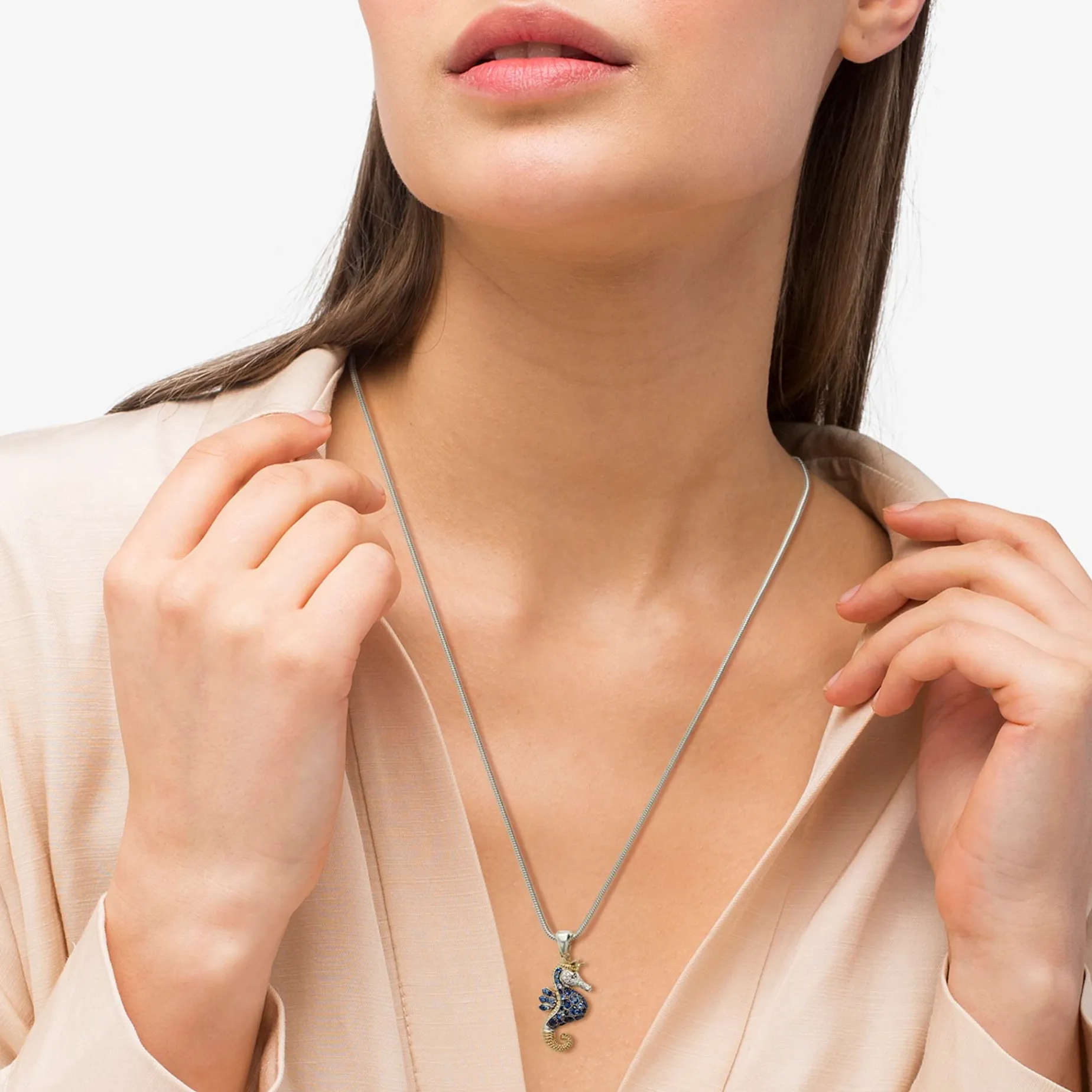 Blue Sapphire and Diamond Seahorse Pendant Necklace