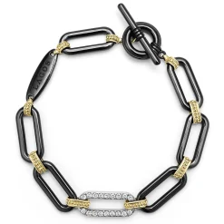 18K Gold and Black Ceramic Diamond Station Link Bracelet | 10mm