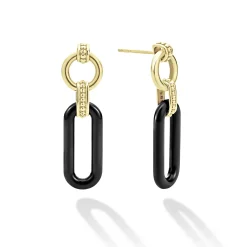 18K Gold and Black Ceramic Link Drop Earrings