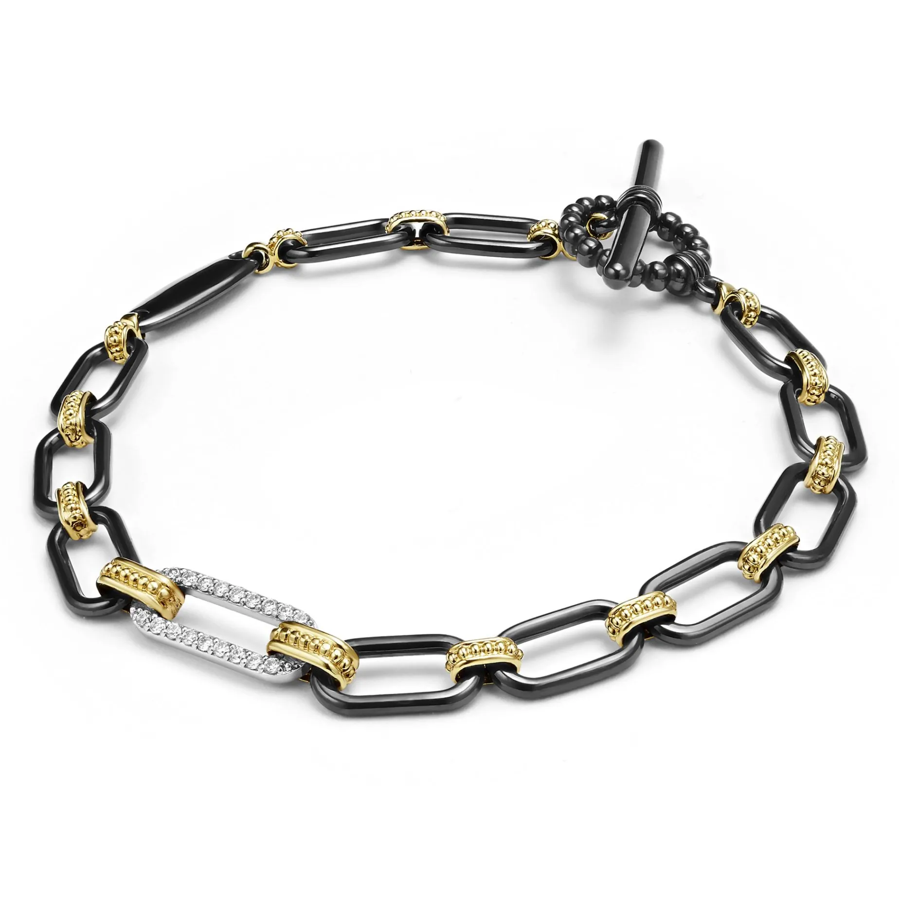 18K Gold and Black Ceramic Diamond Station Link Bracelet | 6mm