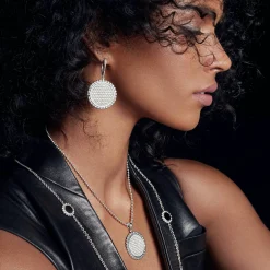 Large Caviar Circle Diamond Drop Earrings