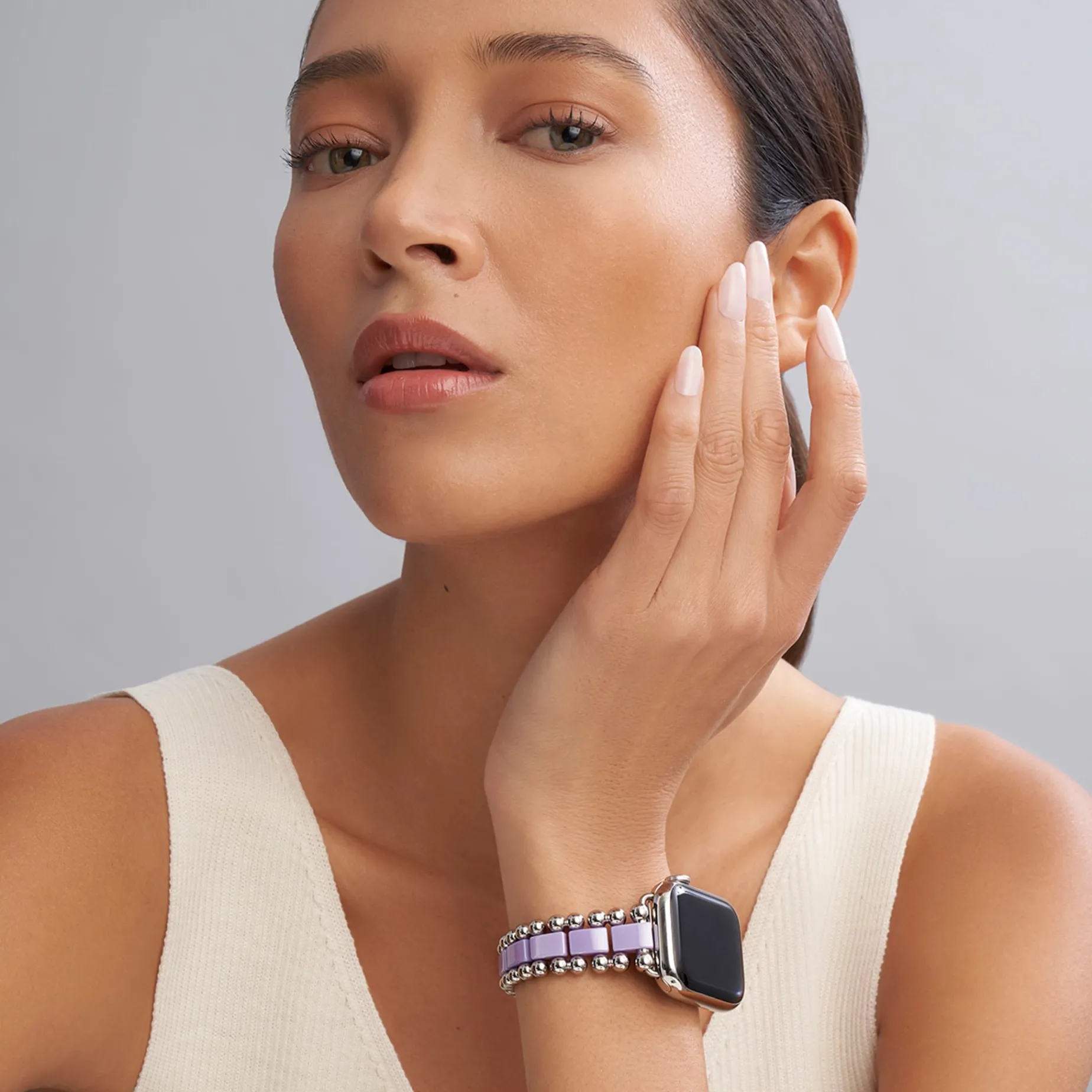 Lilac Ceramic and Stainless Steel Watch Bracelet-38-45mm