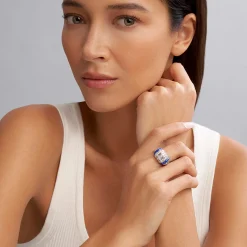 Three Station Ceramic Caviar Diamond Ring