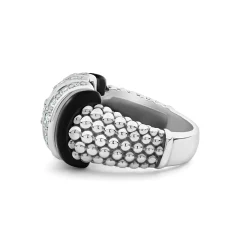 Three Station Ceramic Caviar Diamond Ring