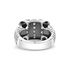 Three Station Ceramic Caviar Diamond Ring