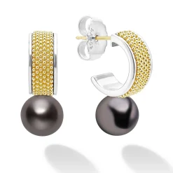 Two-Tone Tahitian Black Pearl Hoop Earrings